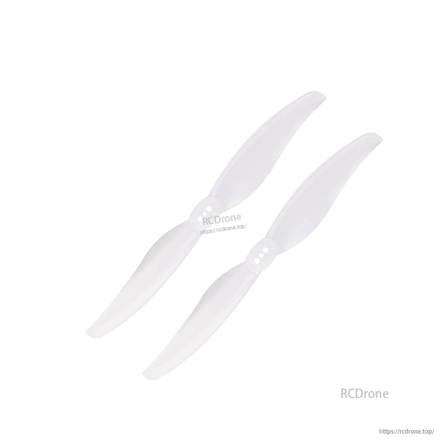 Two clear/white two-blade propellers, paired set view with T-mount hubs