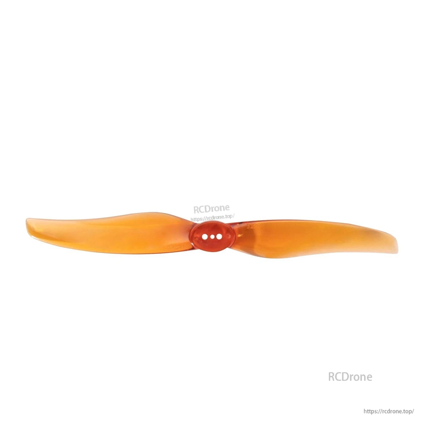 Orange two-blade propeller with red hub, straight-on view showing three mounting holes