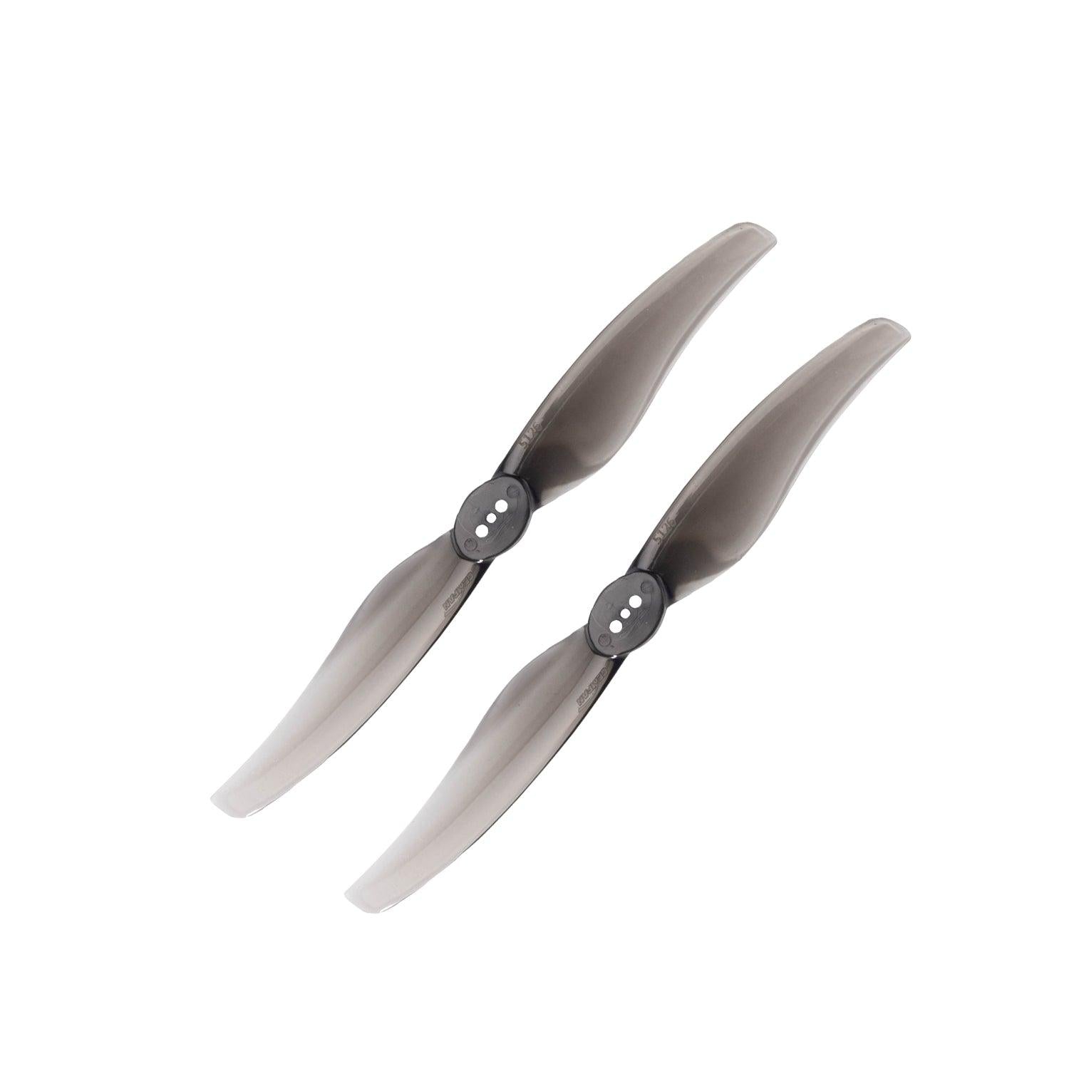 Pair of smoke gray two-blade propellers for T-mount drone motors, matched set view