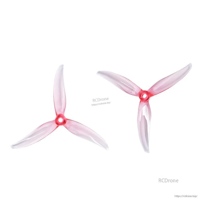 Clear pink tri-blade drone propellers, pair shown from two angles