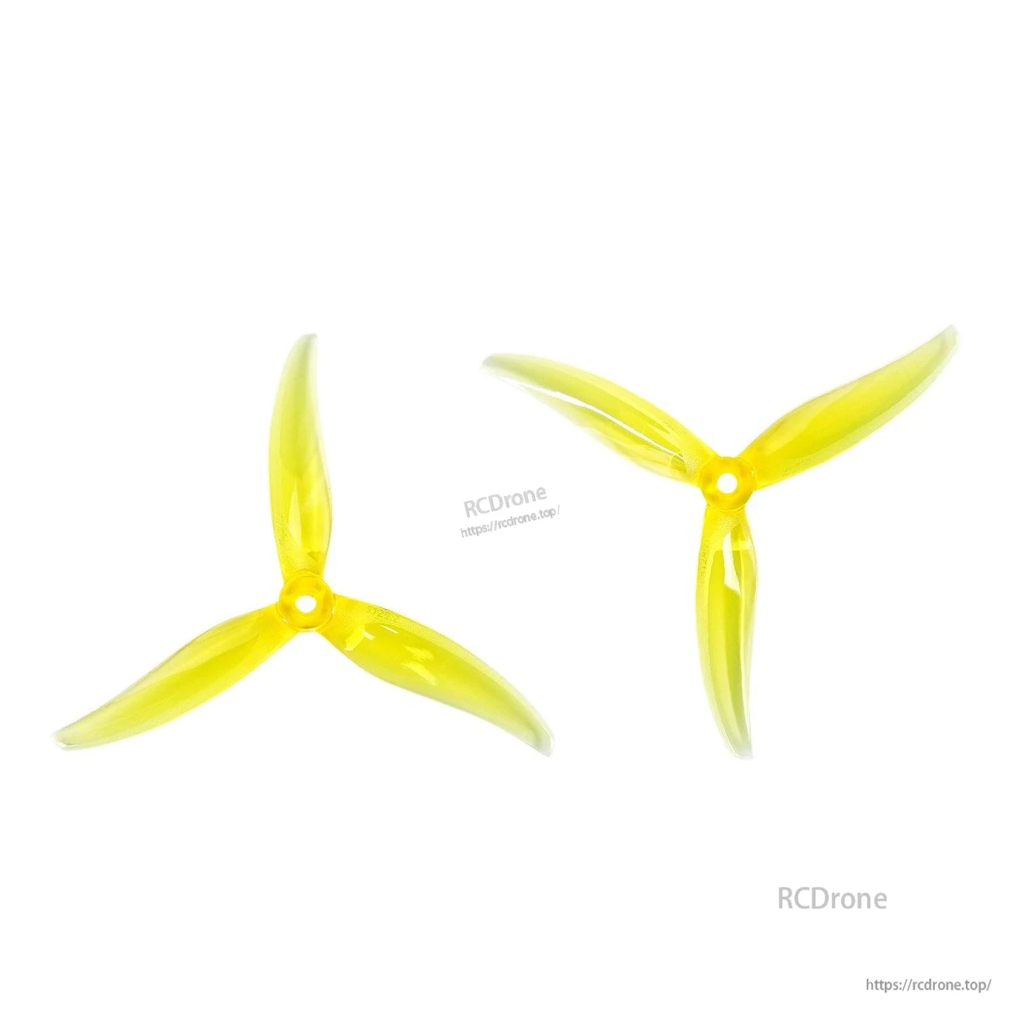 Clear yellow tri-blade drone propellers, pair shown from two angles