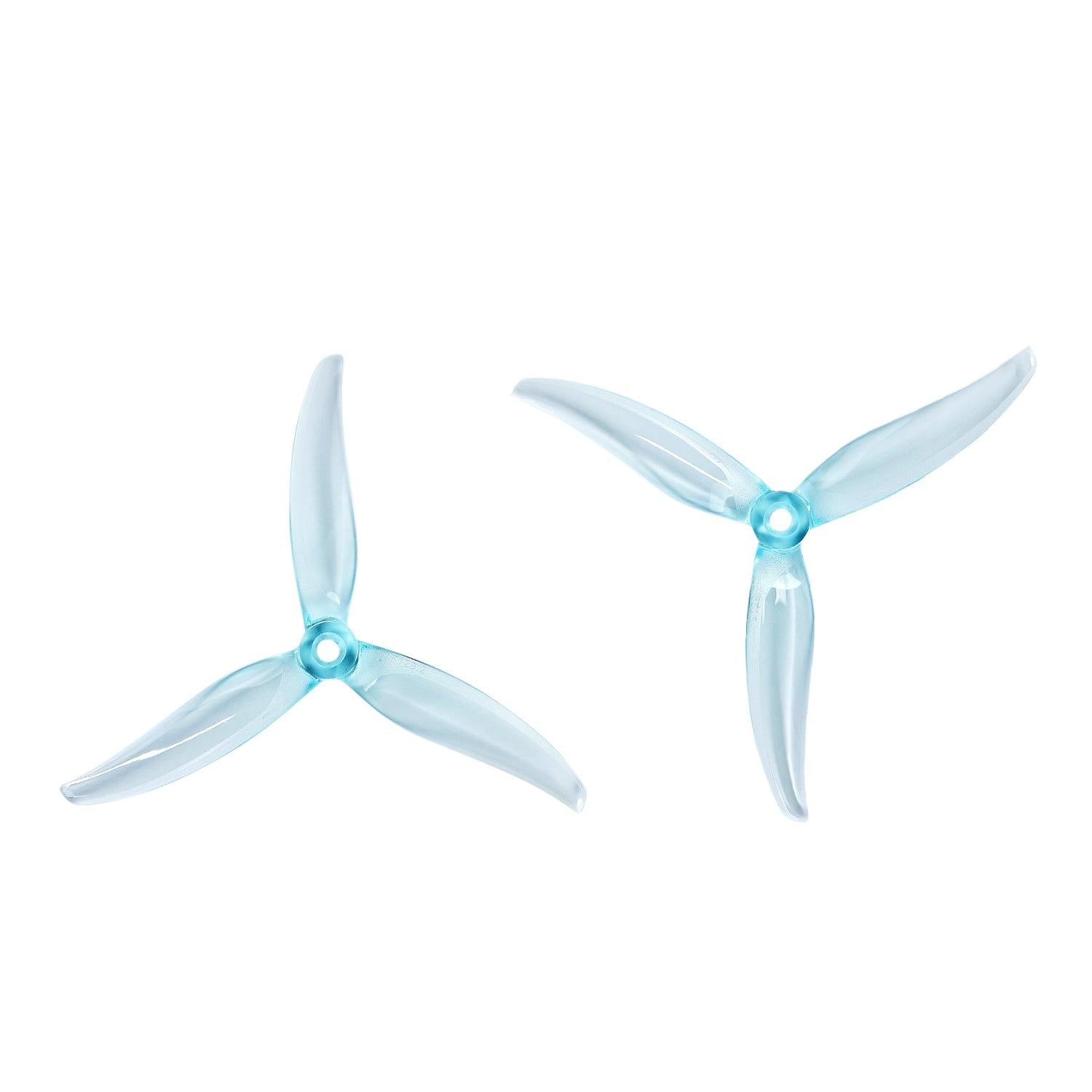 Clear blue tri-blade drone propellers, pair shown from two angles on white background