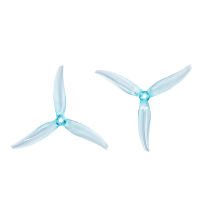 Clear blue tri-blade drone propellers, pair shown from two angles on white background