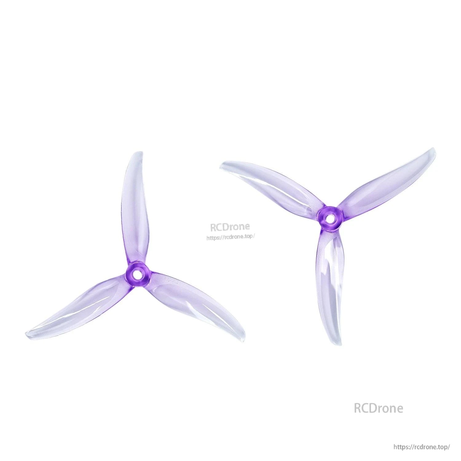 Clear purple tri-blade drone propellers, pair shown from two angles