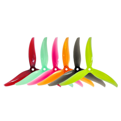 Gemfan Proxy 5127.5 3-blade propellers 129mm, 5mm hub, shown in multiple colors