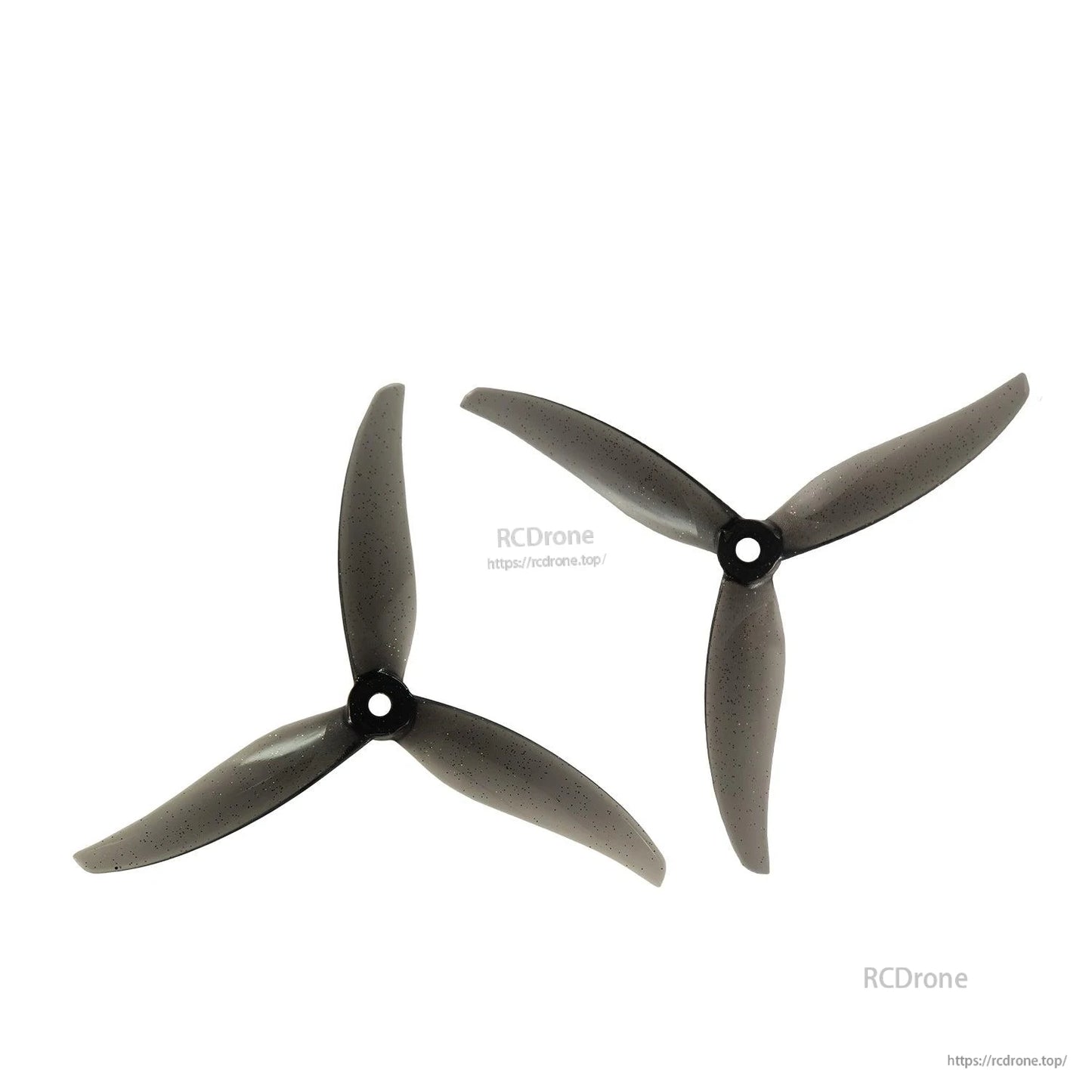 Two black 3-blade propellers, top view pair showing tri-blade layout and hub holes