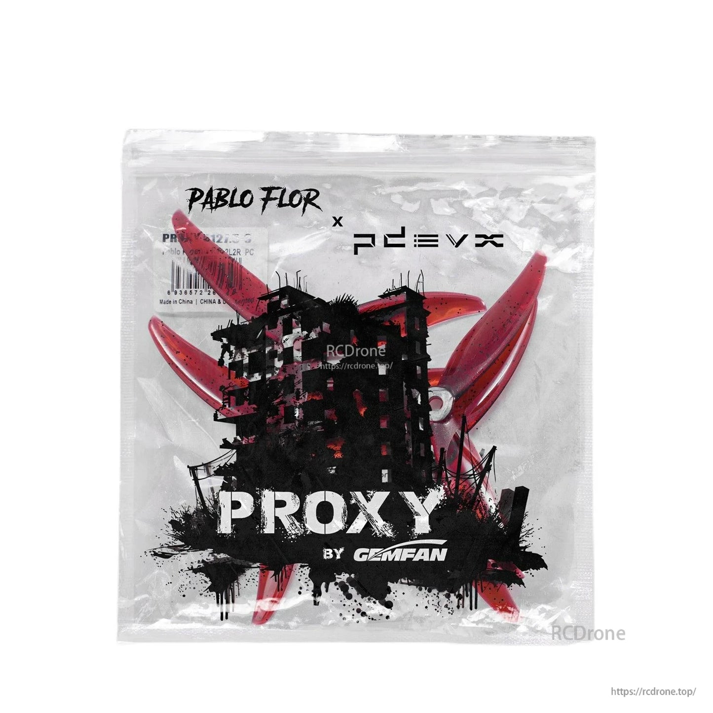 Gemfan Proxy packaging bag with red propellers inside, PROXY graphic front view