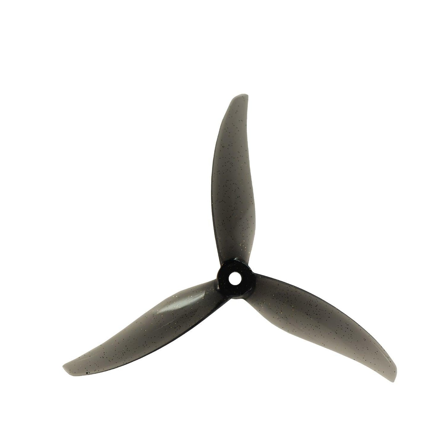 Single black Gemfan Proxy 5127.5 tri-blade propeller, top view with 5mm center hub