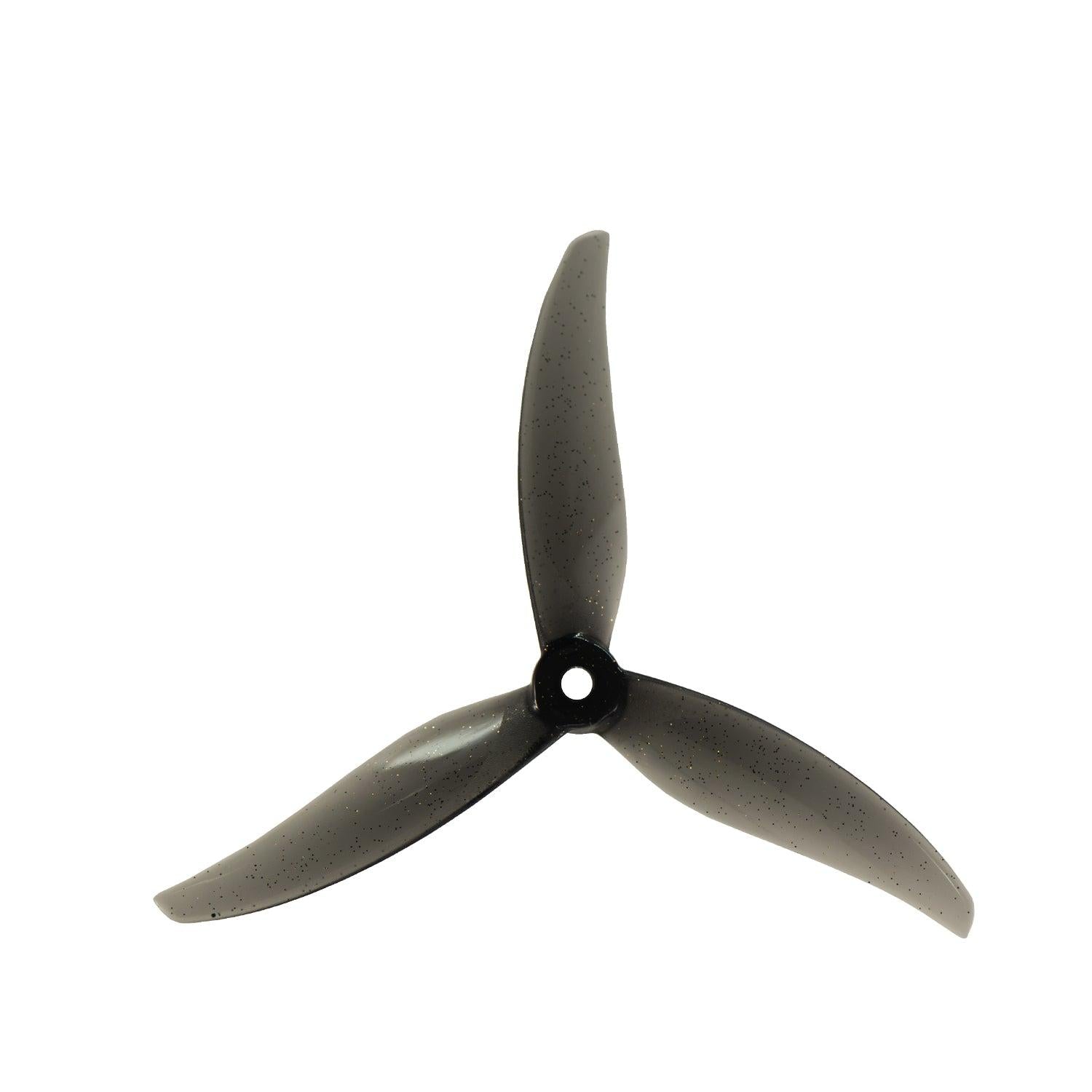 Single black Gemfan Proxy 5127.5 tri-blade propeller, top view with 5mm center hub