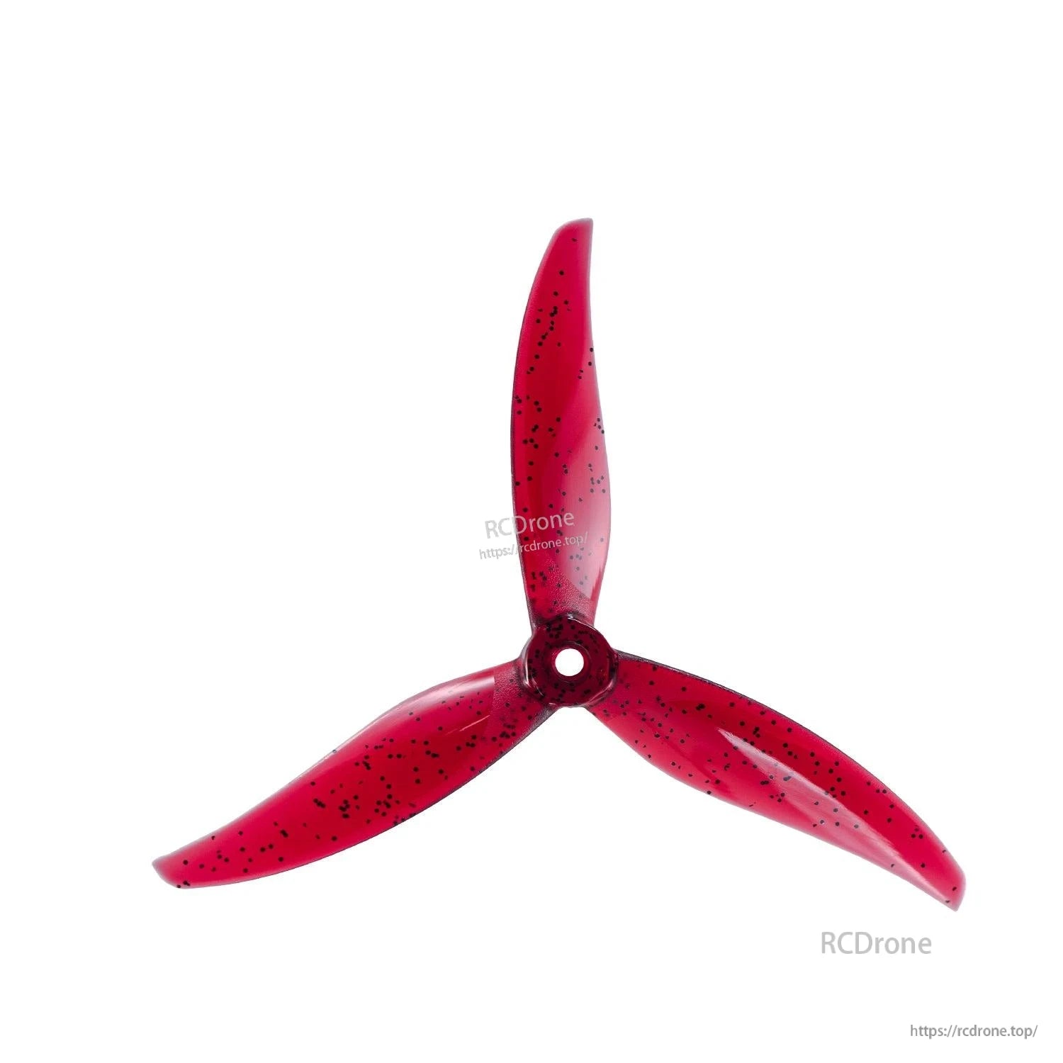 Single red 3-blade propeller with black speckles, top view showing hub opening