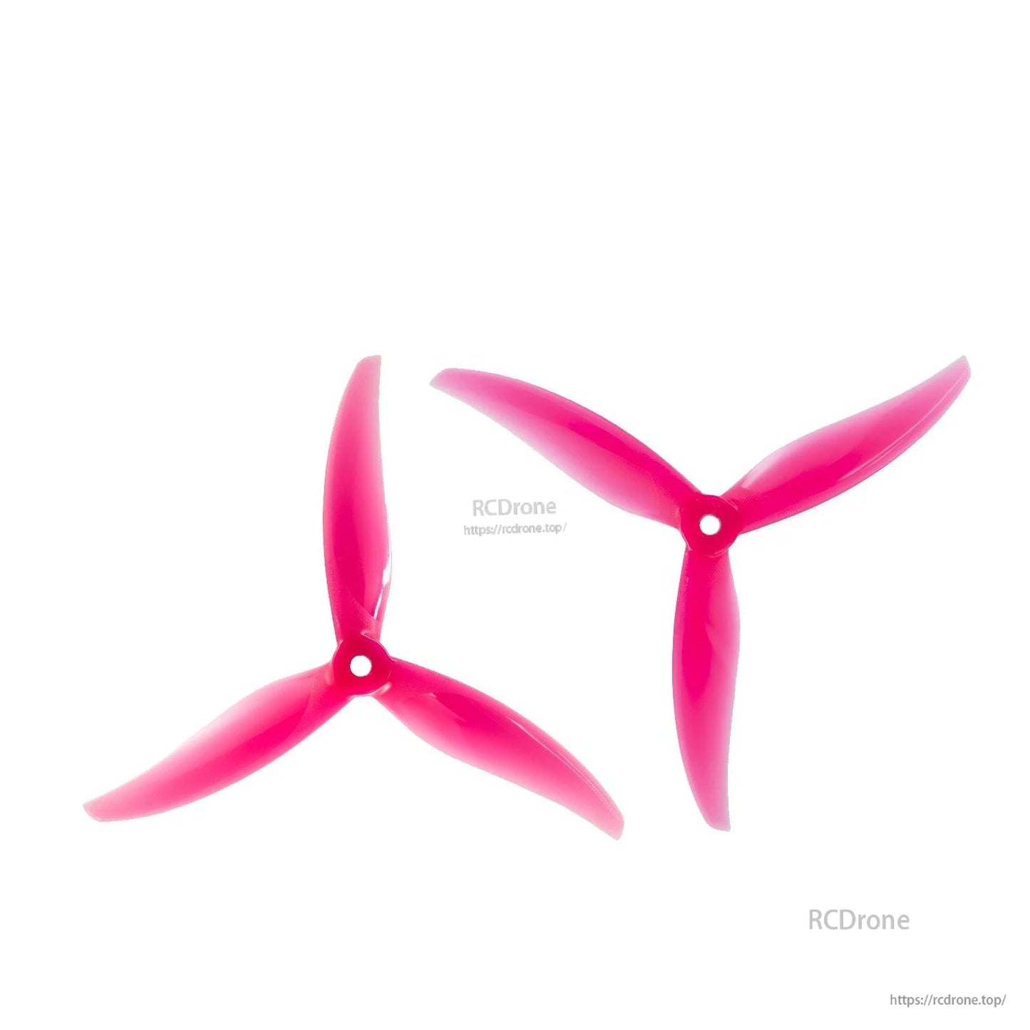 Bright pink 3-blade propellers pair, two angles showing tri-blade profile and hub