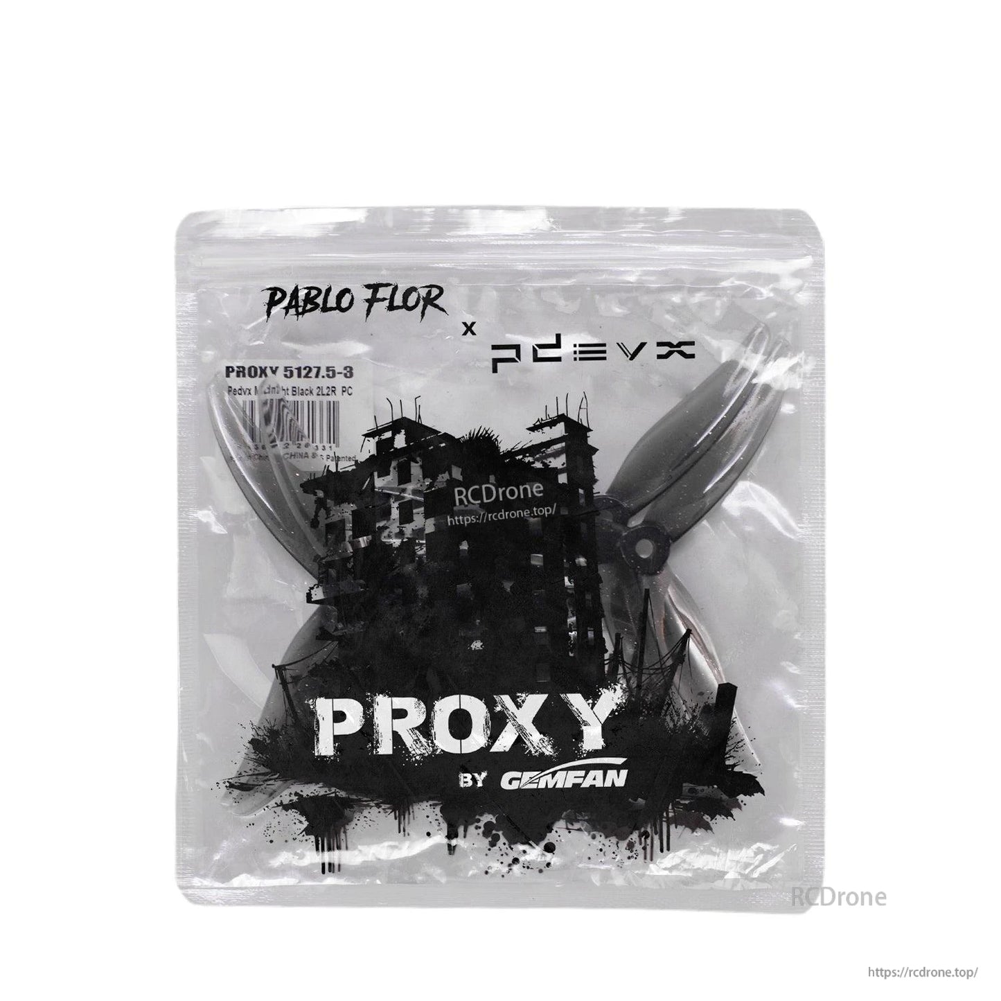 Gemfan Proxy packaging bag with black propellers inside, PROXY graphic front view