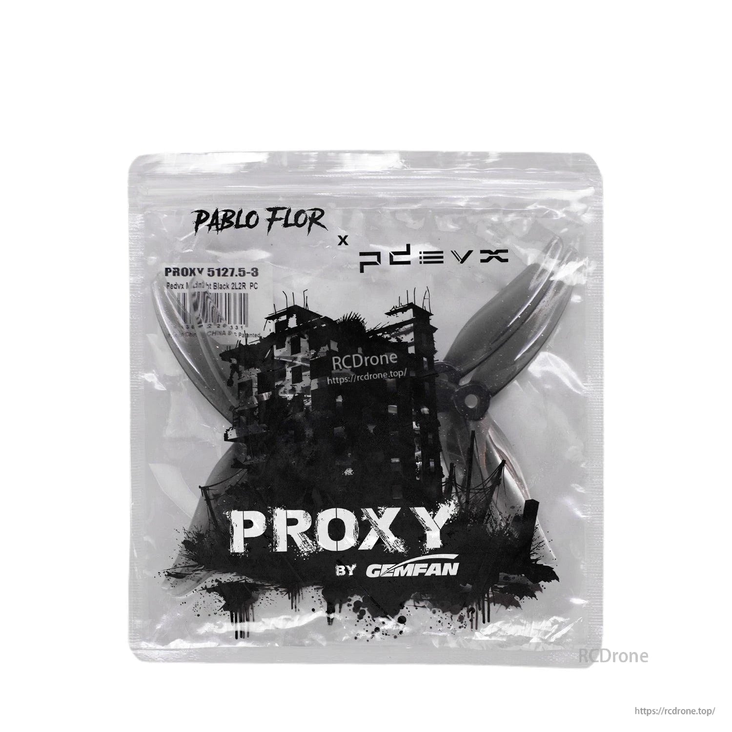 Gemfan Proxy packaging bag with black propellers inside, PROXY graphic front view