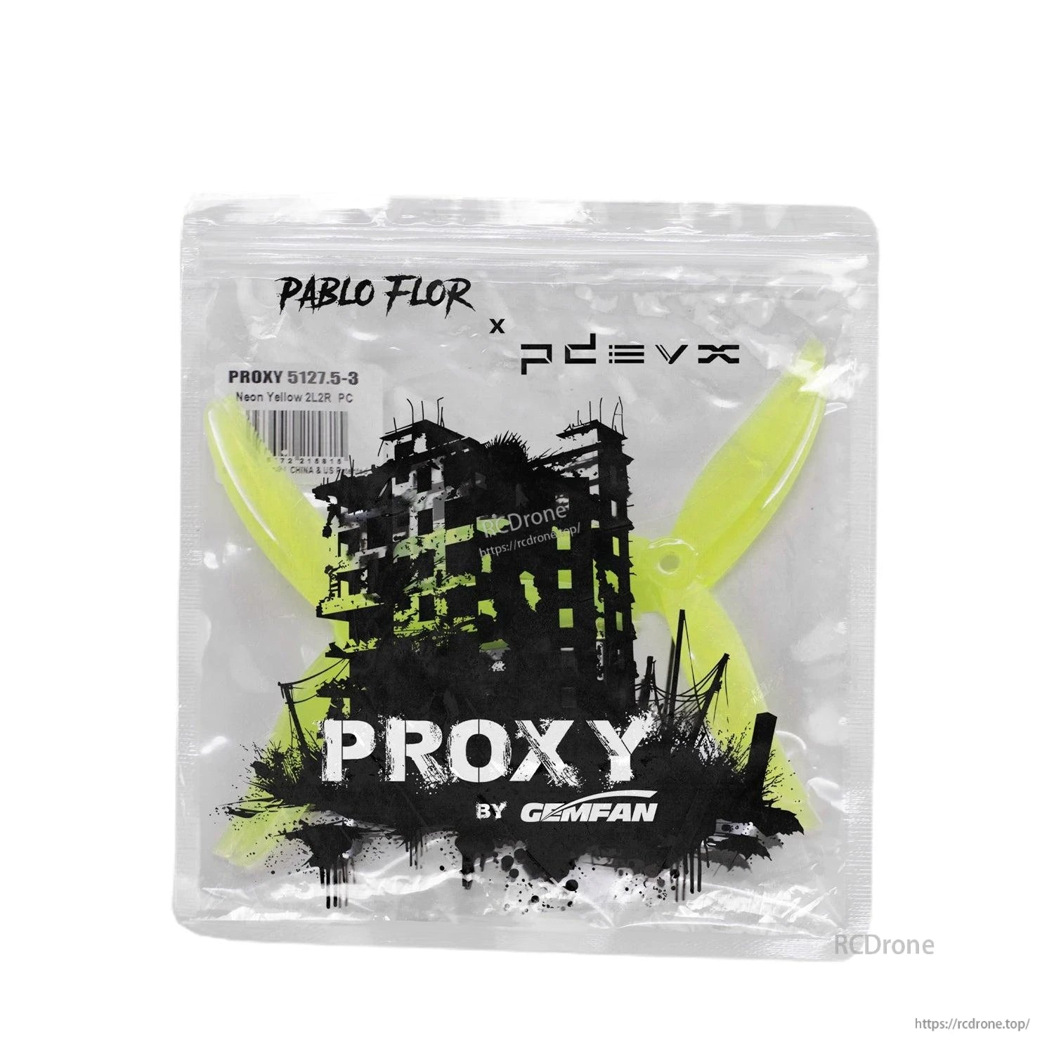 Gemfan Proxy packaging bag with neon yellow propellers inside, PROXY graphic front