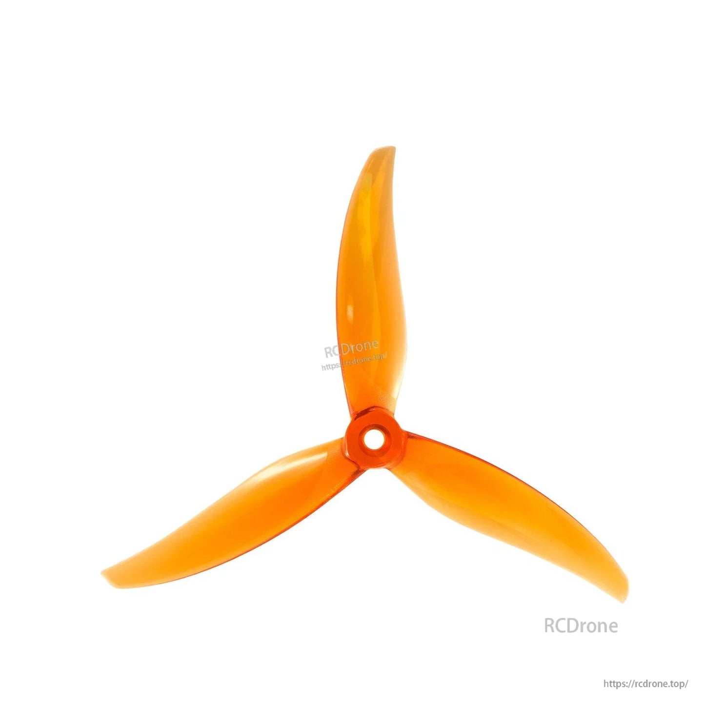 Single translucent orange 3-blade propeller, top view with center hub hole
