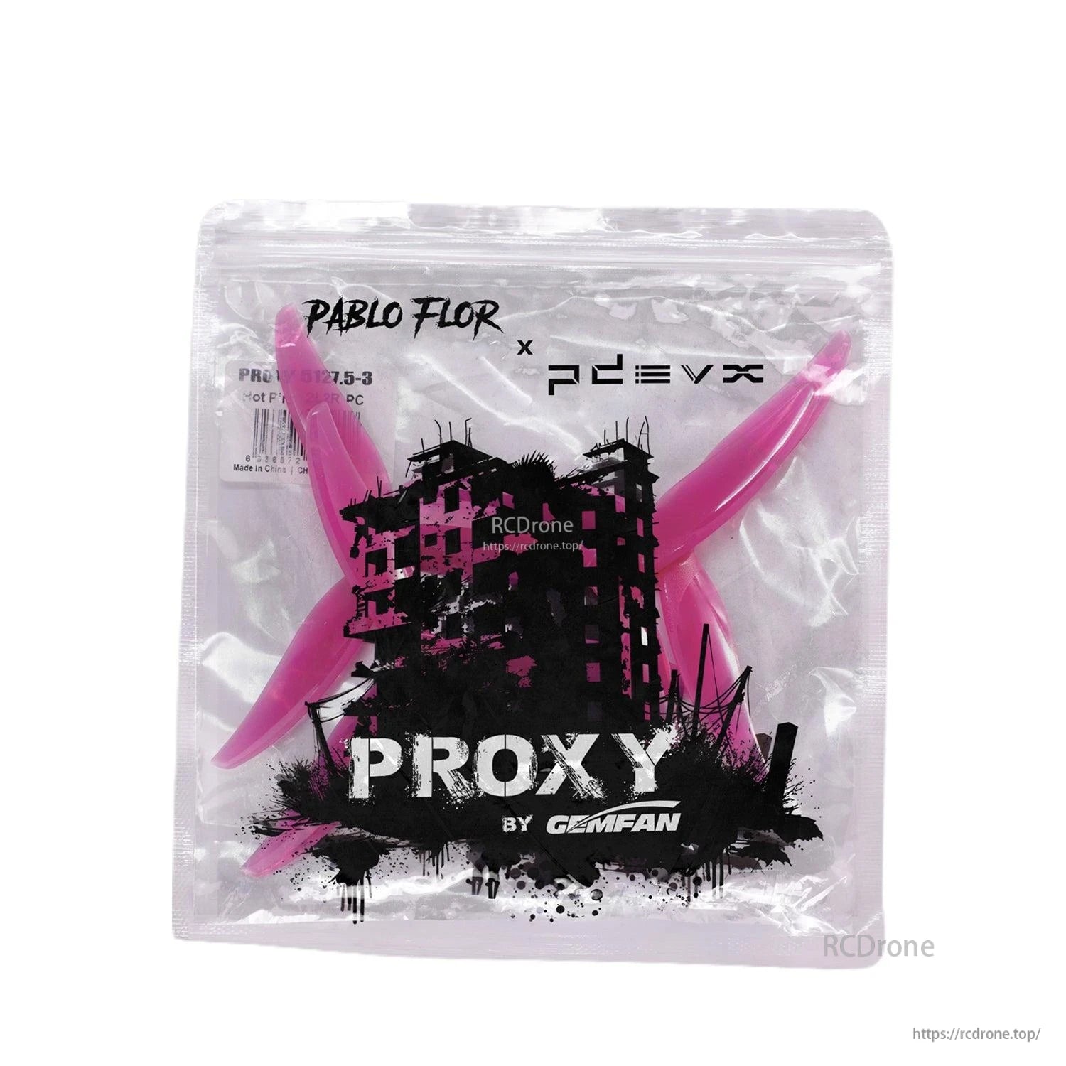 Gemfan Proxy packaging bag with pink propellers inside, PROXY by Gemfan front view