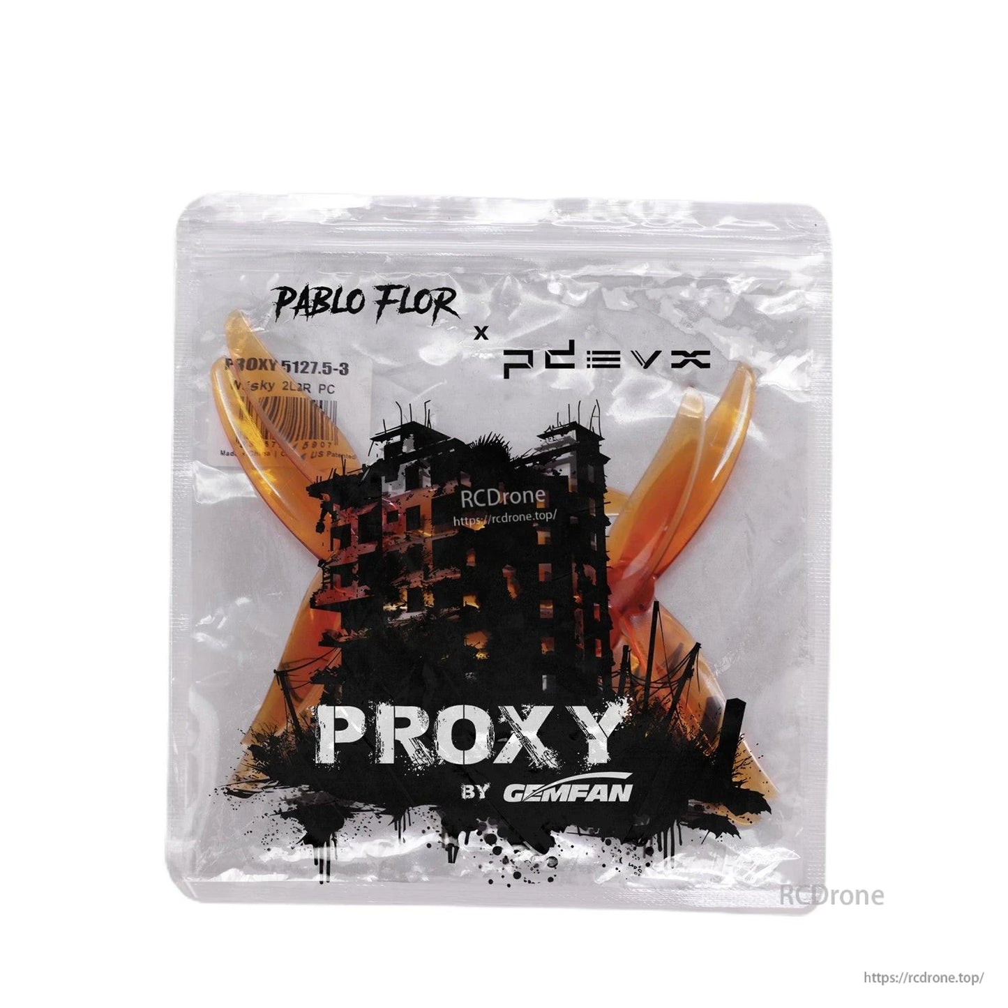 Gemfan Proxy packaging bag with orange propellers inside, PROXY graphic front view