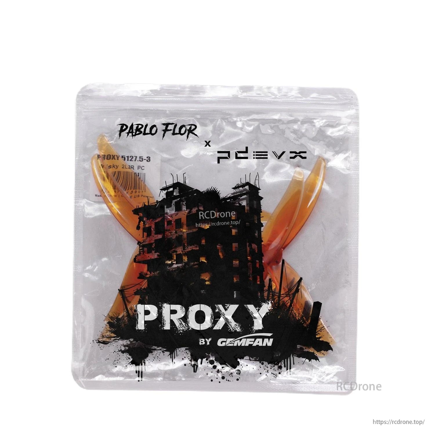 Gemfan Proxy packaging bag with orange propellers inside, PROXY graphic front view
