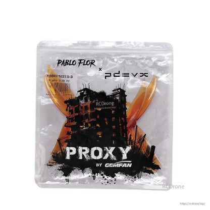 Gemfan Proxy packaging bag with orange propellers inside, PROXY graphic front view