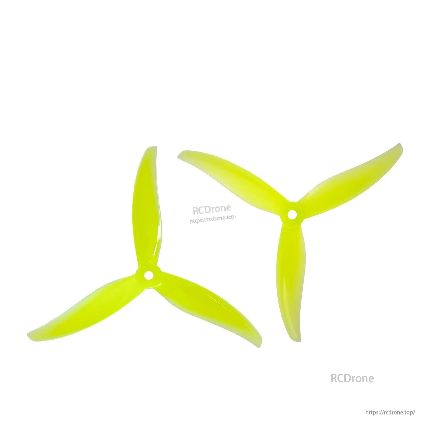 Neon yellow 3-blade propellers pair, two angles showing blade profile and hub