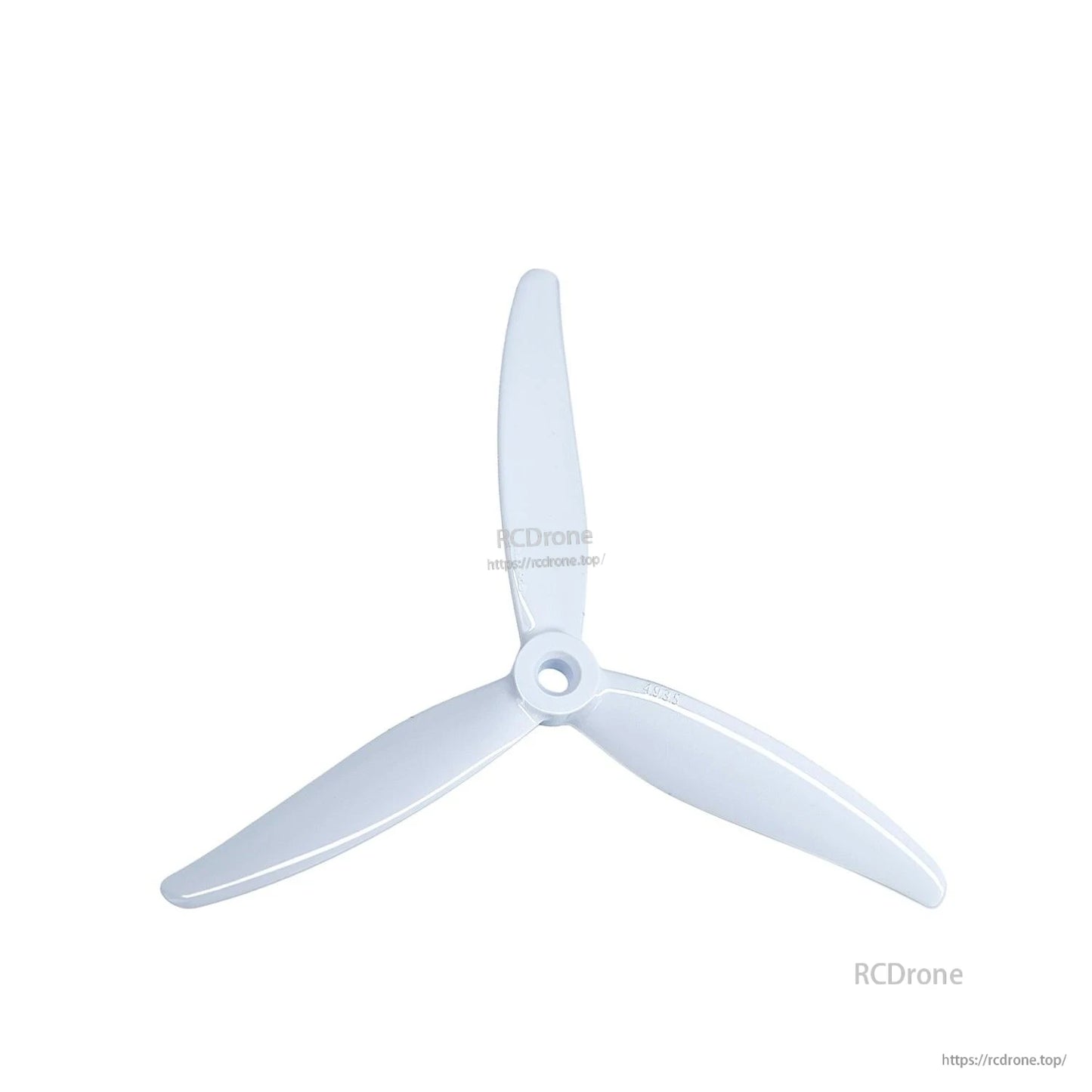 White 3-blade FPV propeller, single prop top view on white background