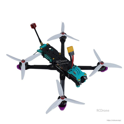 FPV quadcopter example fitted with white 3-blade propellers, top-down view