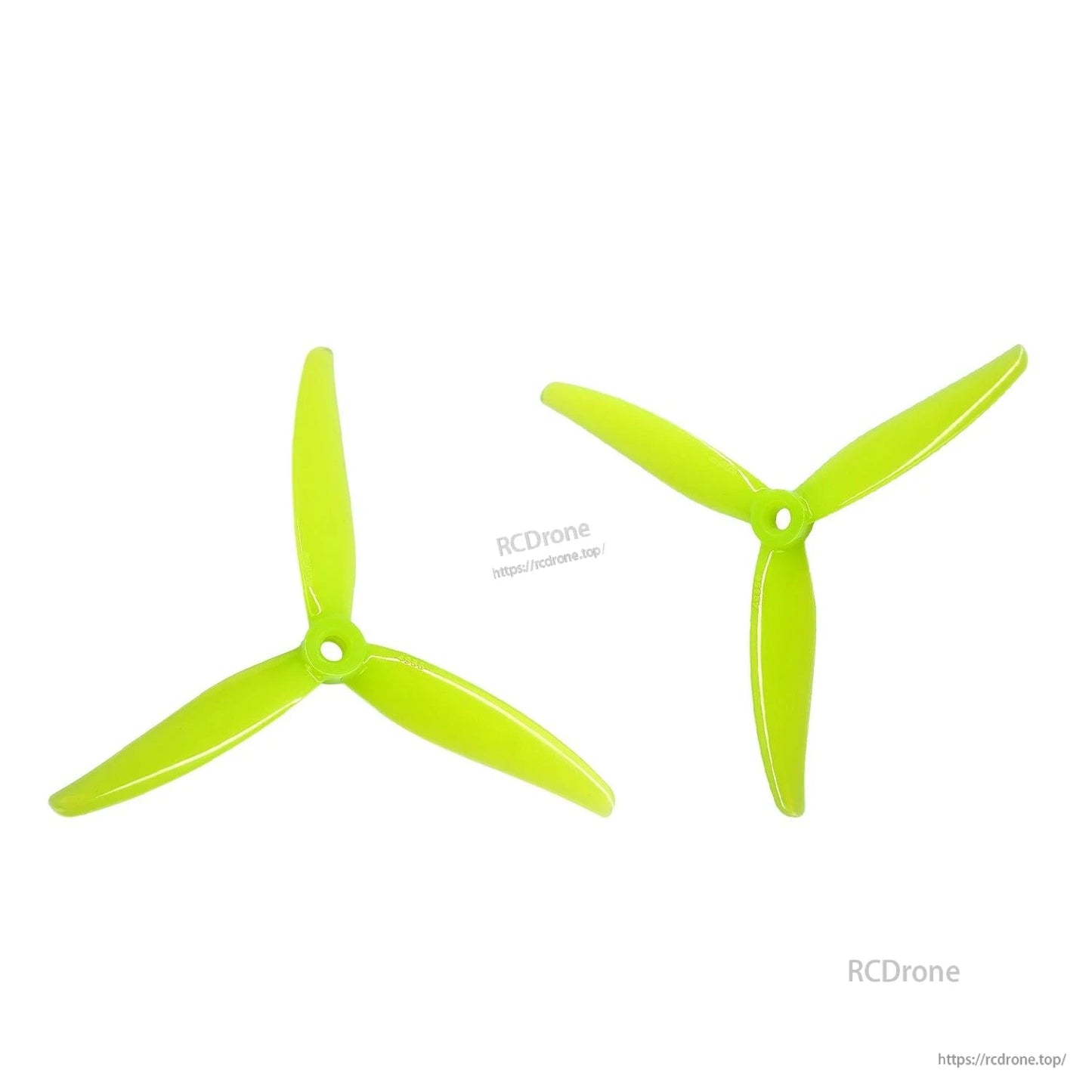 Neon yellow 3-blade FPV propellers pair, two prop orientations on white background