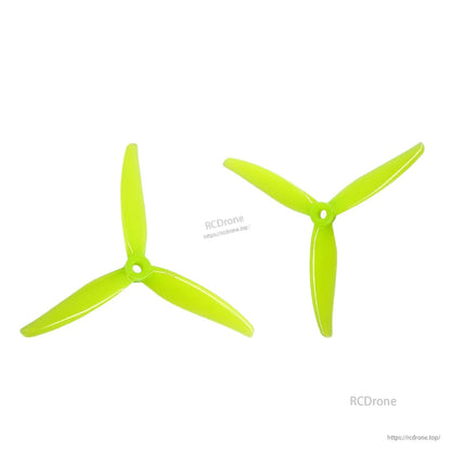Neon yellow 3-blade FPV propellers pair, two prop orientations on white background