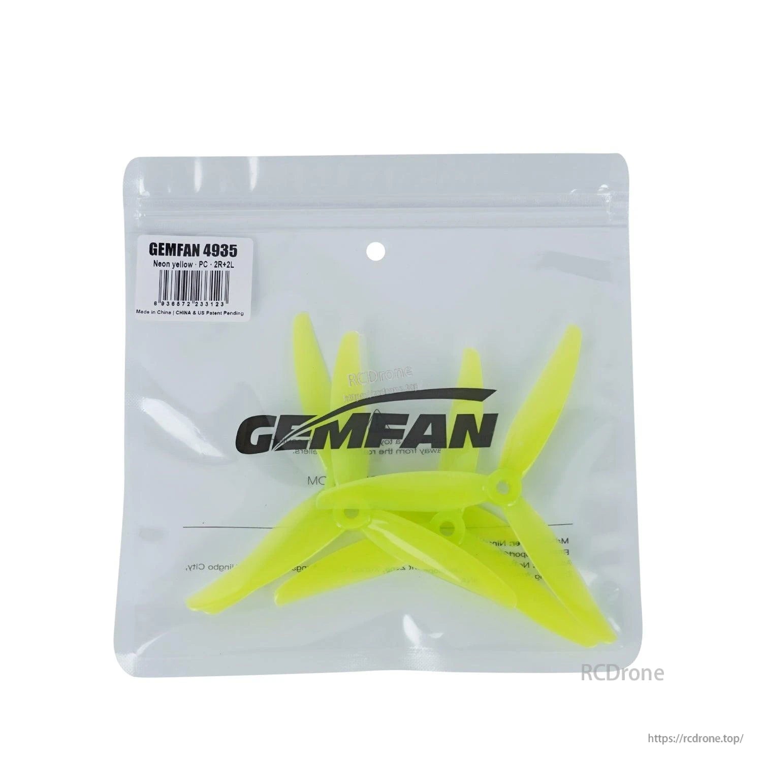 Gemfan 4935 propellers in retail bag, neon yellow set with product label visible