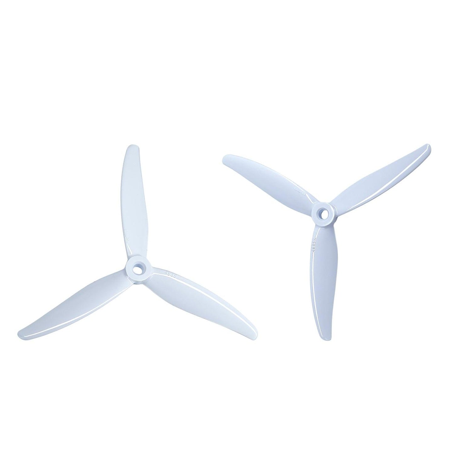 White 3-blade FPV propellers pair, two prop orientations on white background