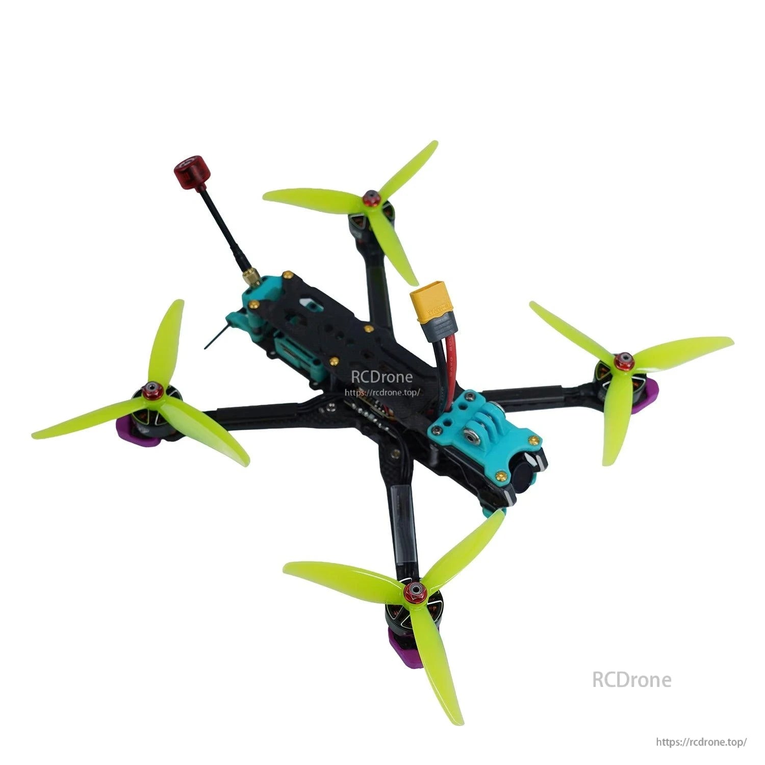FPV quadcopter example fitted with neon yellow 3-blade propellers, top-down view