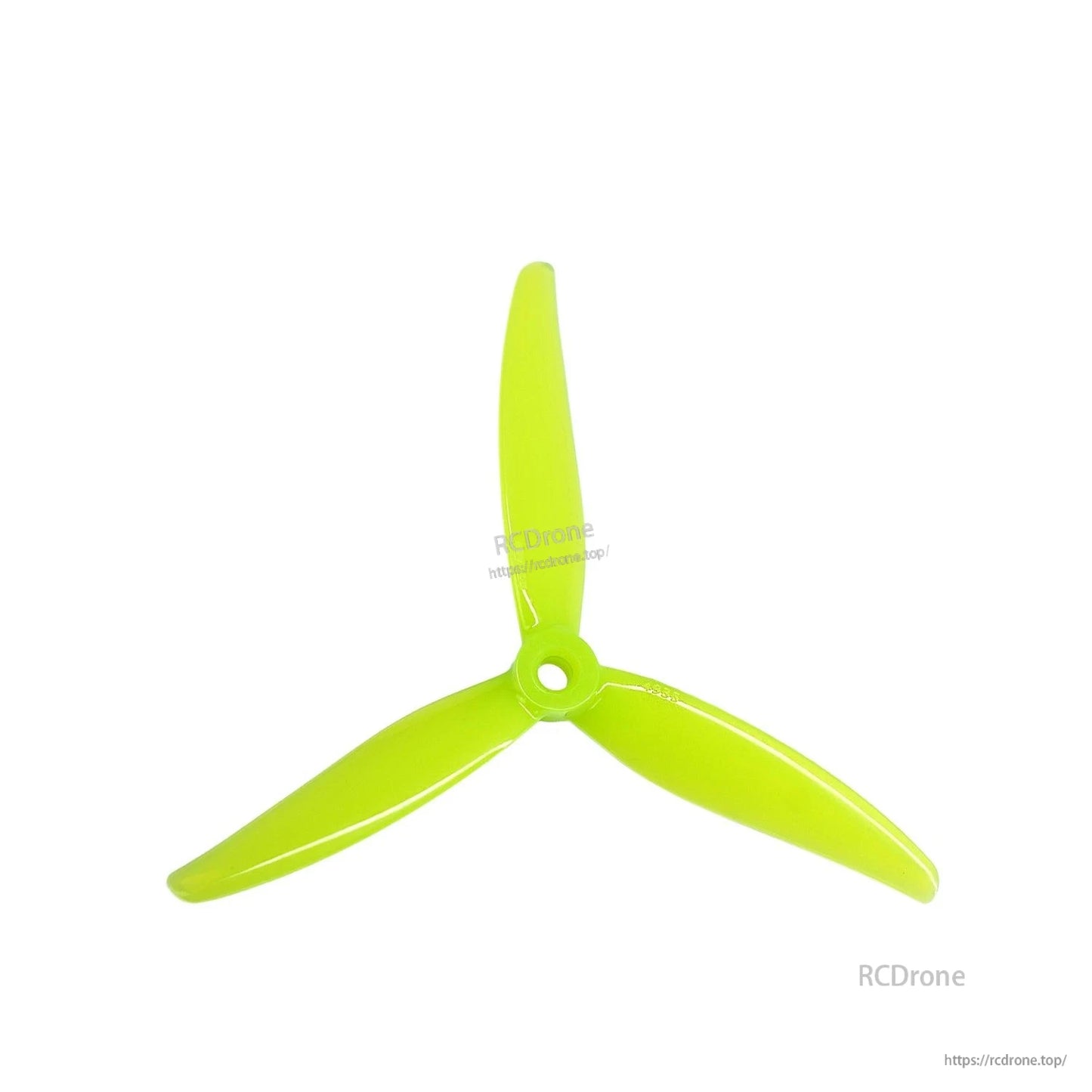 Neon yellow 3-blade FPV propeller, single prop top view on white background