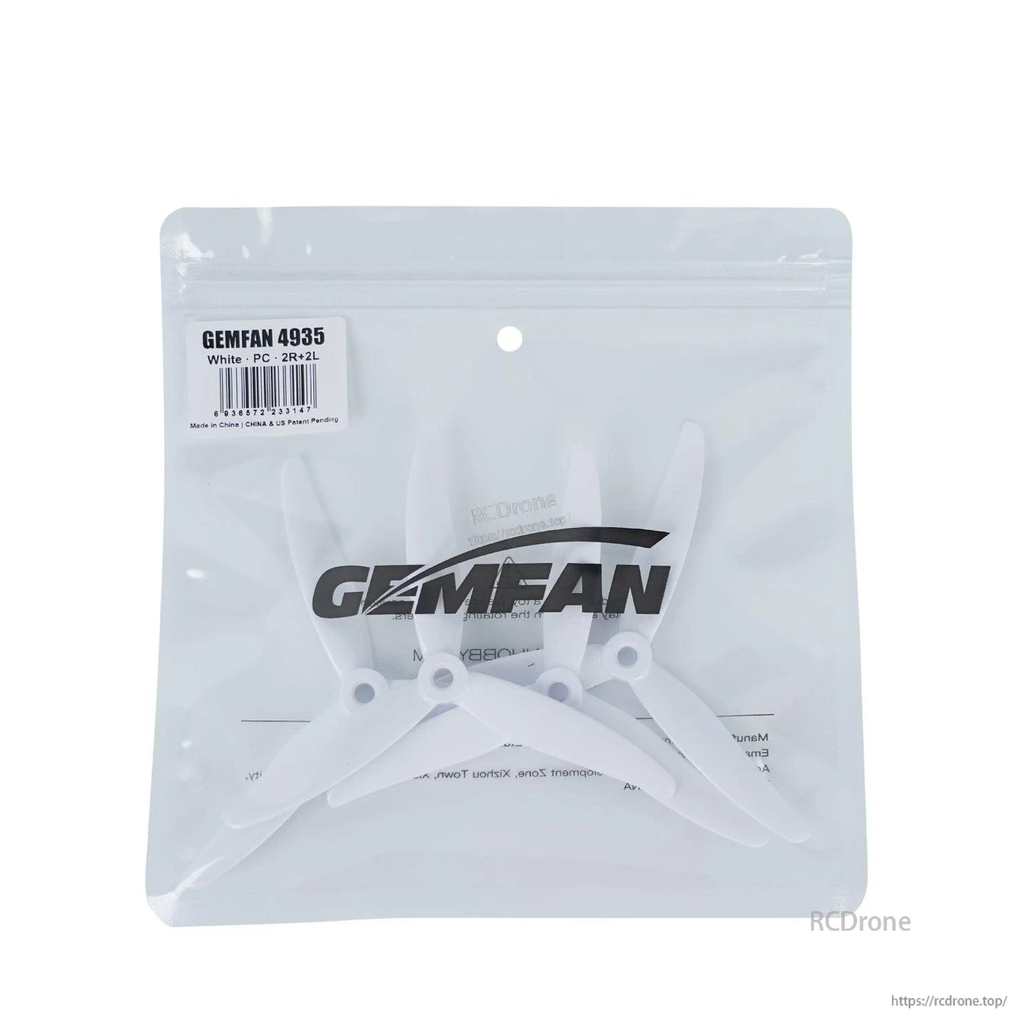 Gemfan 4935 propellers in retail bag, white set with product label visible