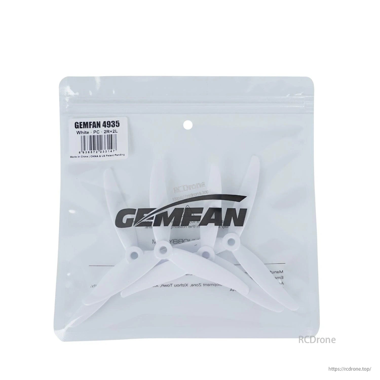 Gemfan 4935 propellers in retail bag, white set with product label visible