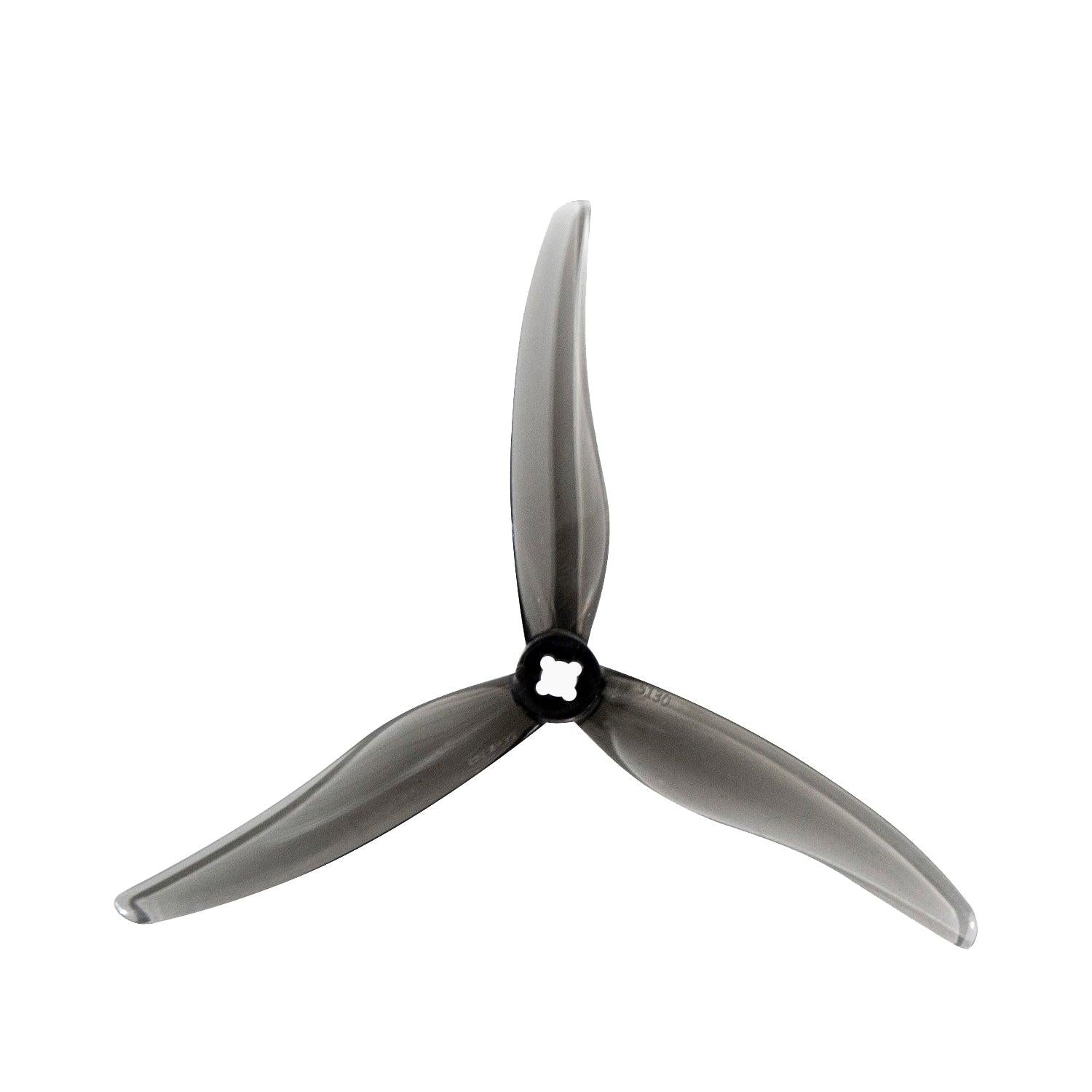 Gemfan SL 5130 3-blade propeller in smoke gray, top view with hub mounting hole