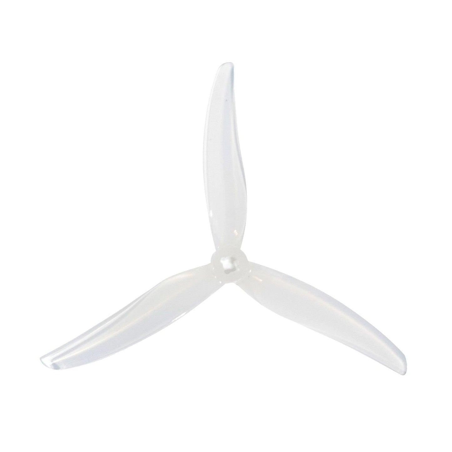 Clear translucent 3-blade drone propeller, top view showing blade shape and center hub