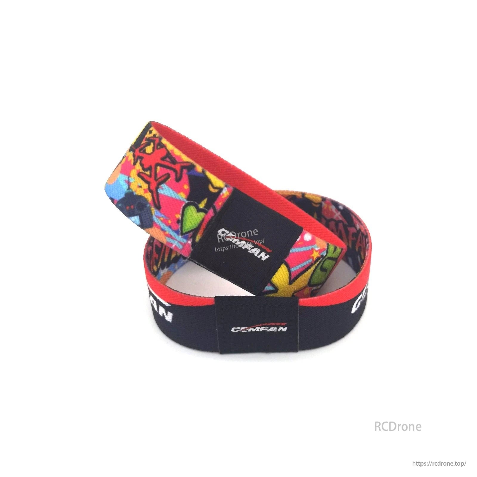 Two Gemfan stack saver straps stacked, showing sewn logo patch and loop construction details