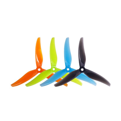 Gemfan Thomas 5127.9-3 3-Blades Propeller, Gemfan Thomas 5127.9-3 three-blade FPV drone propellers in orange, green, blue, and black