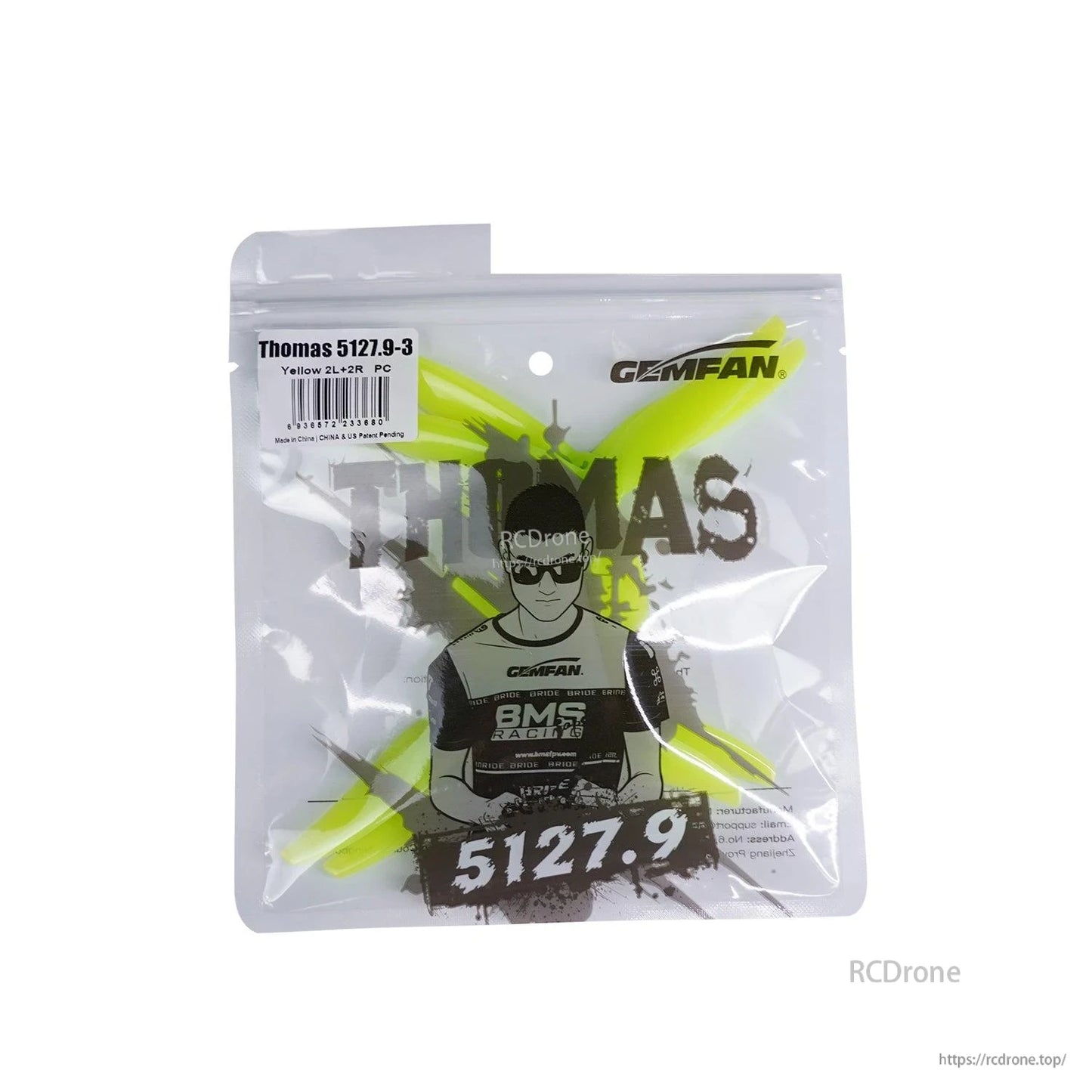 Gemfan Thomas 5127.9-3 3-Blades Propeller, Gemfan Thomas 5127.9-3 tri-blade drone propellers in neon yellow, sealed in branded retail bag