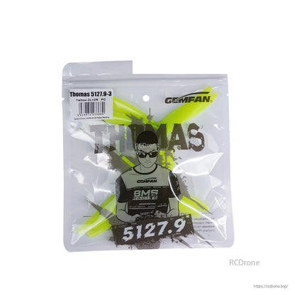 Gemfan Thomas 5127.9-3 3-Blades Propeller, Gemfan Thomas 5127.9-3 tri-blade drone propellers in neon yellow, sealed in branded retail bag
