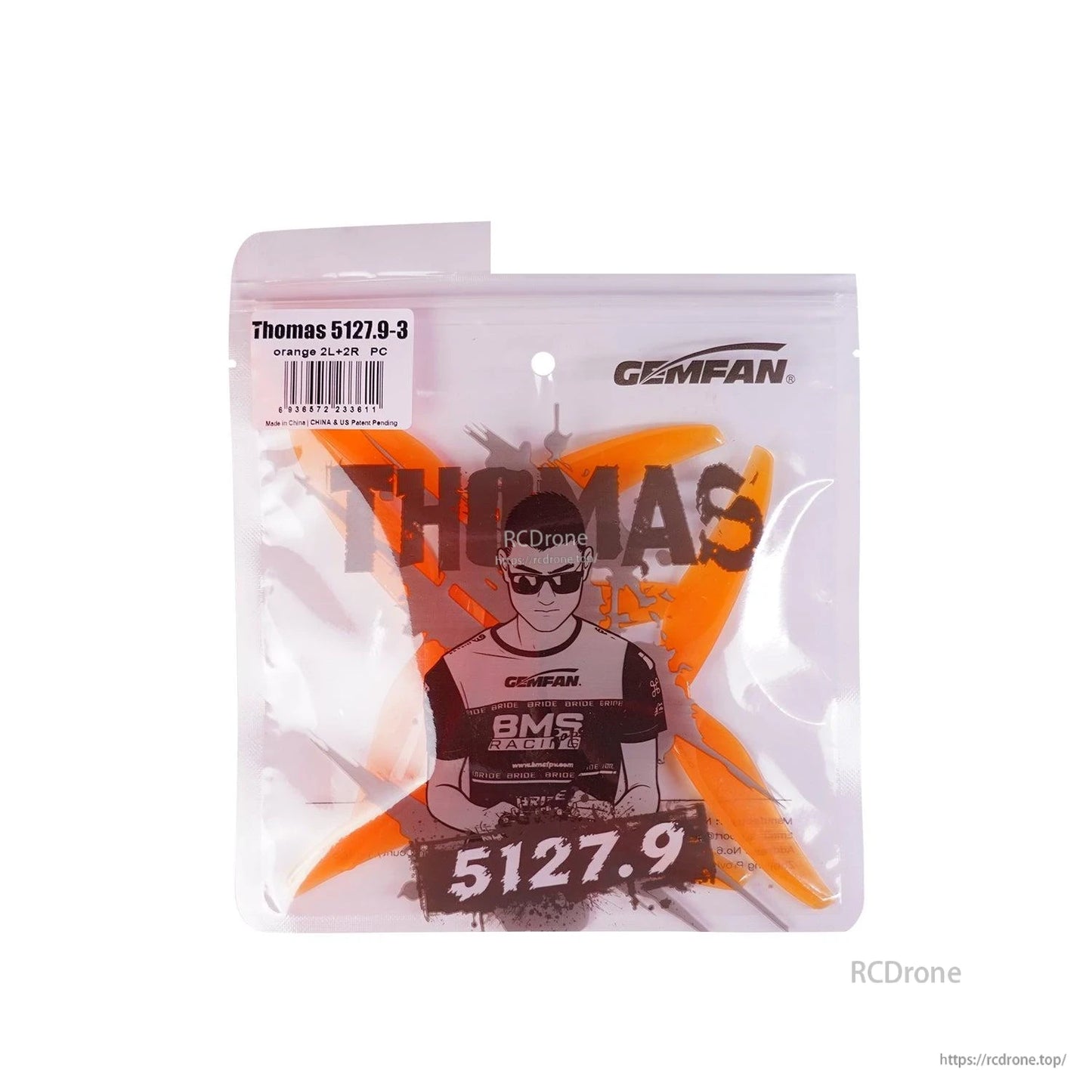 Gemfan Thomas 5127.9-3 3-Blades Propeller, Gemfan Thomas 5127.9-3 orange 3-blade drone propellers in retail bag, labeled 2L-2R