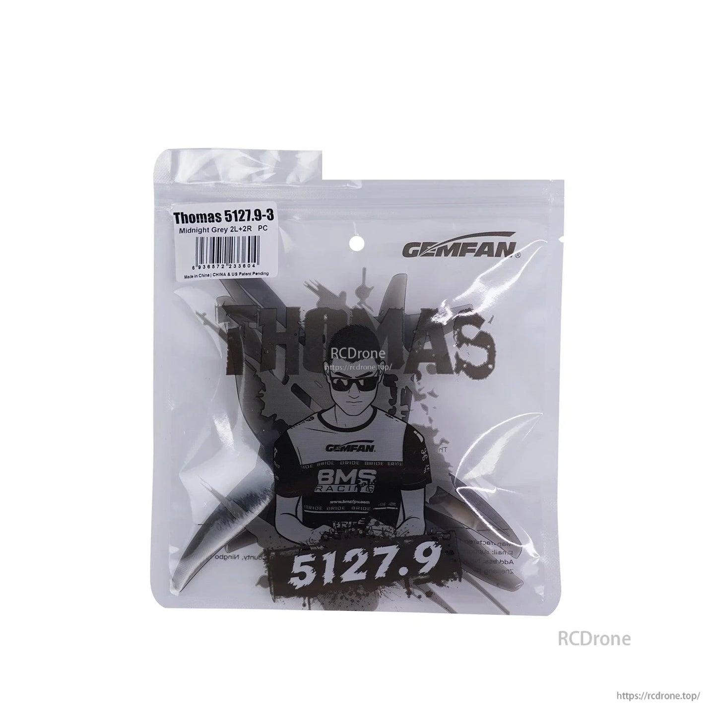 Gemfan Thomas 5127.9-3 3-Blades Propeller, Gemfan Thomas 5127.9-3 tri-blade FPV drone propeller set in Midnight Grey, sealed in retail bag