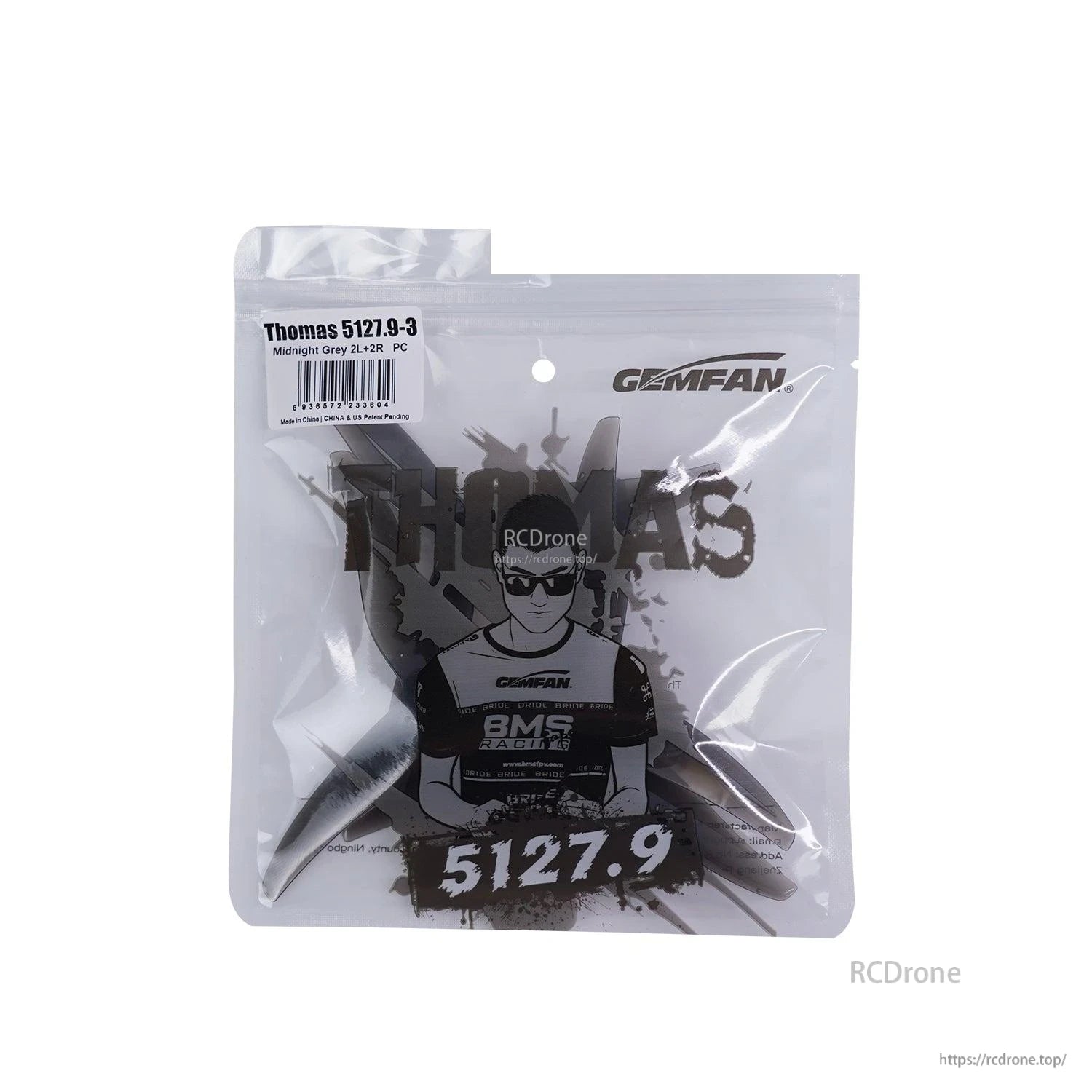 Gemfan Thomas 5127.9-3 3-Blades Propeller, Gemfan Thomas 5127.9-3 tri-blade FPV drone propeller set in Midnight Grey, sealed in retail bag