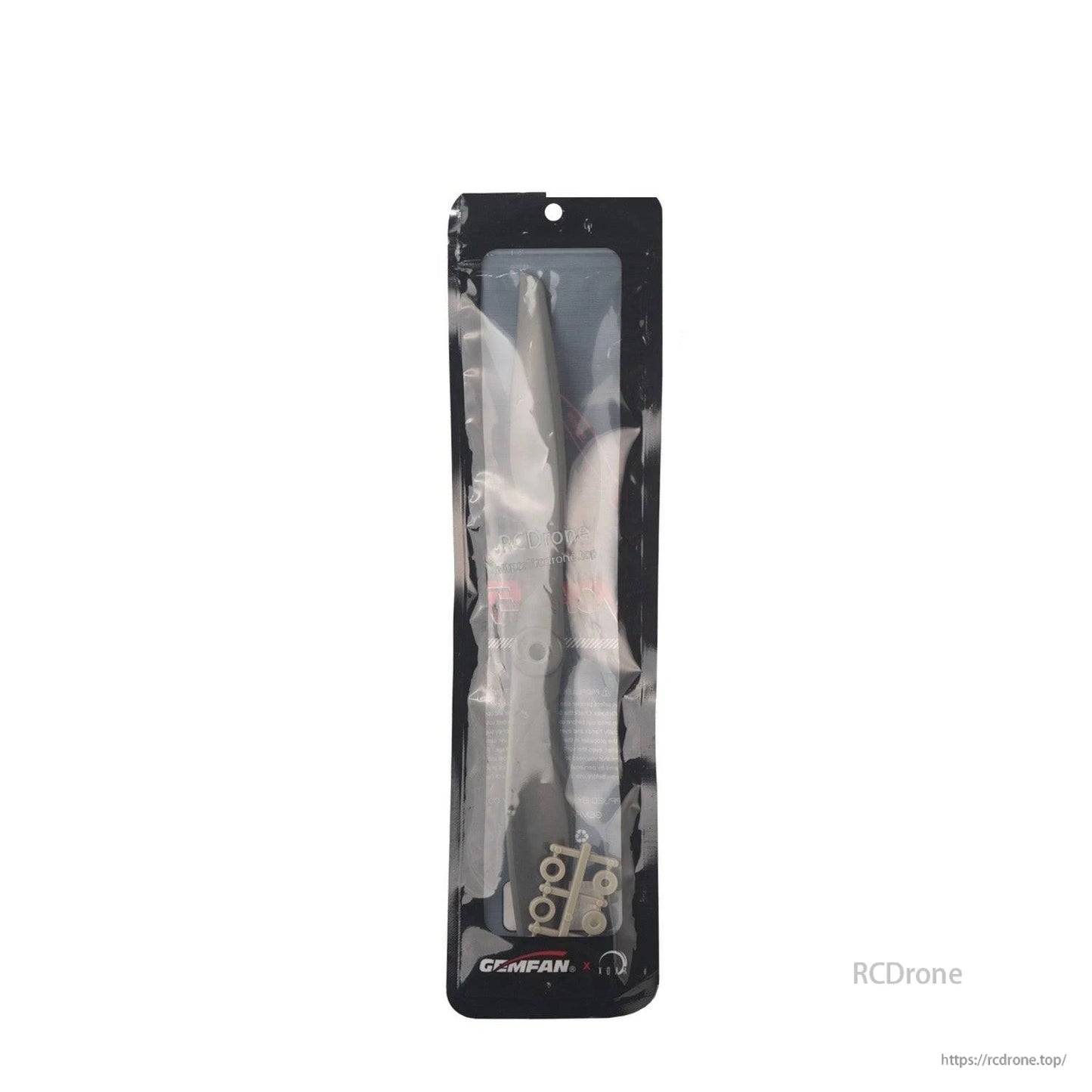 Gemfan propeller packaging front view, sealed bag with prop and hardware inside