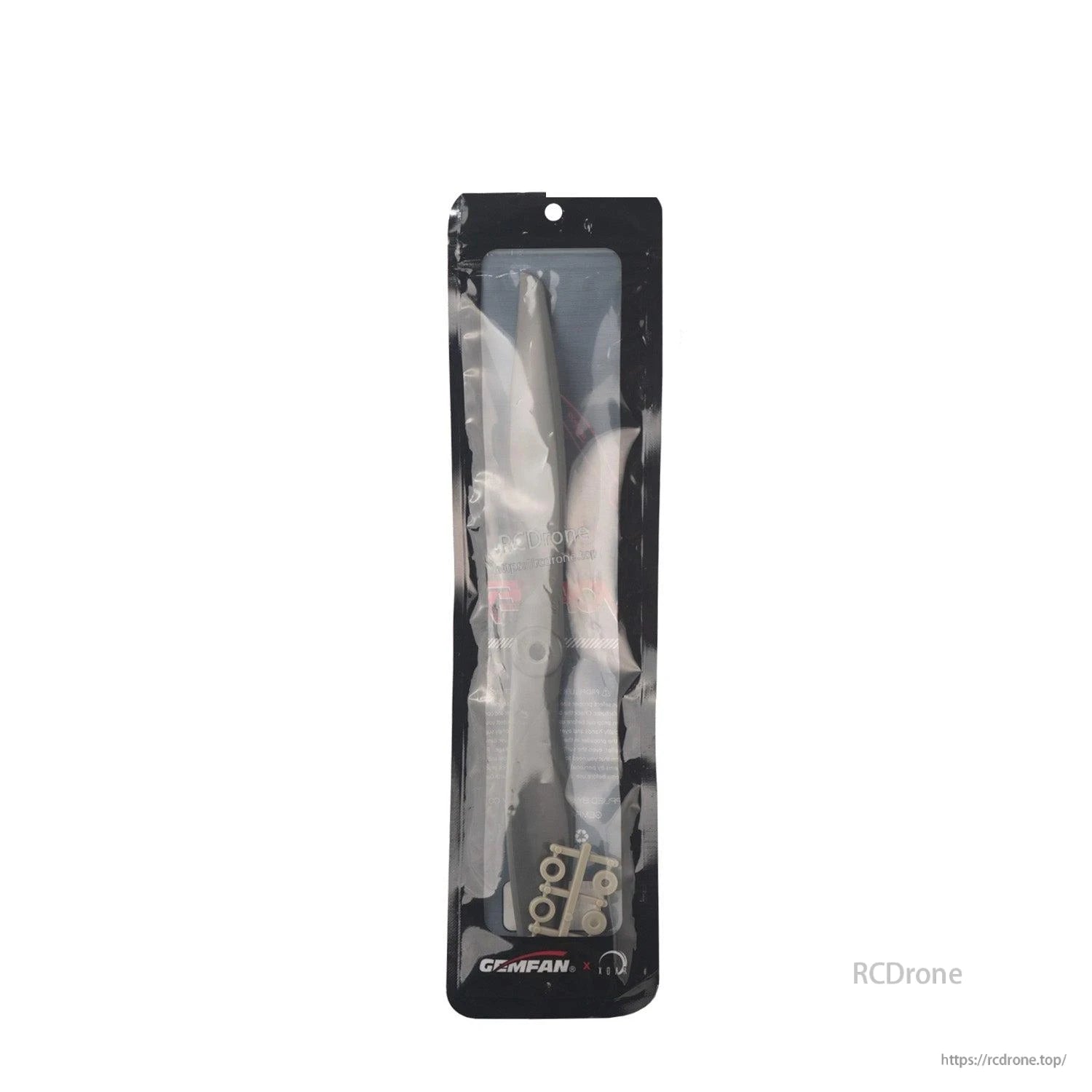 Gemfan propeller packaging front view, sealed bag with prop and hardware inside