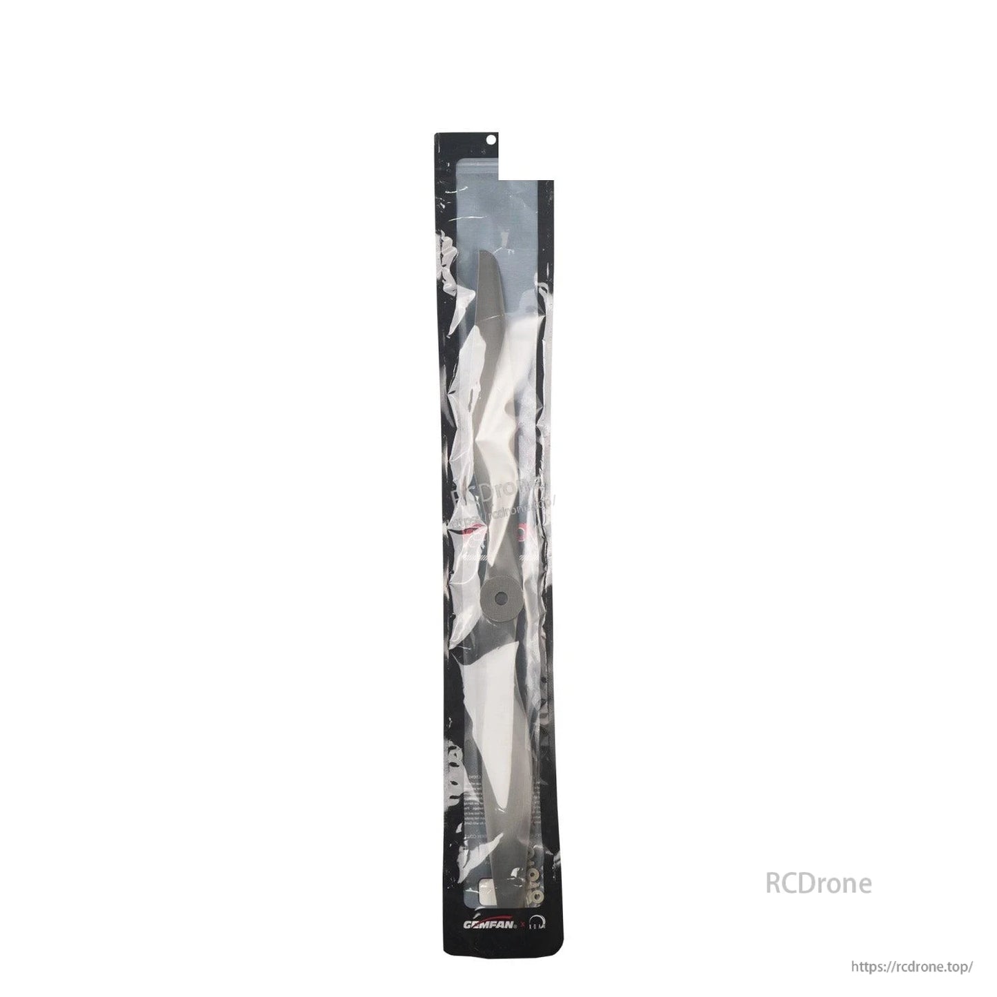 Sealed Gemfan propeller package shown vertically, clear bag with product inside