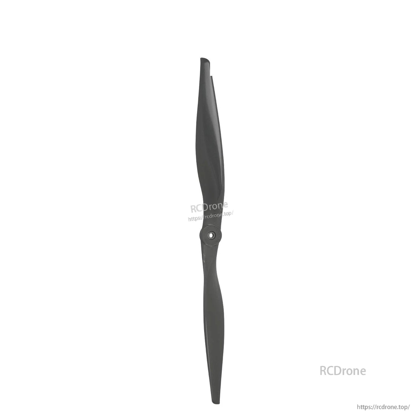 Rear face view of 20-inch two-blade RC propeller showing opposite blade curvature