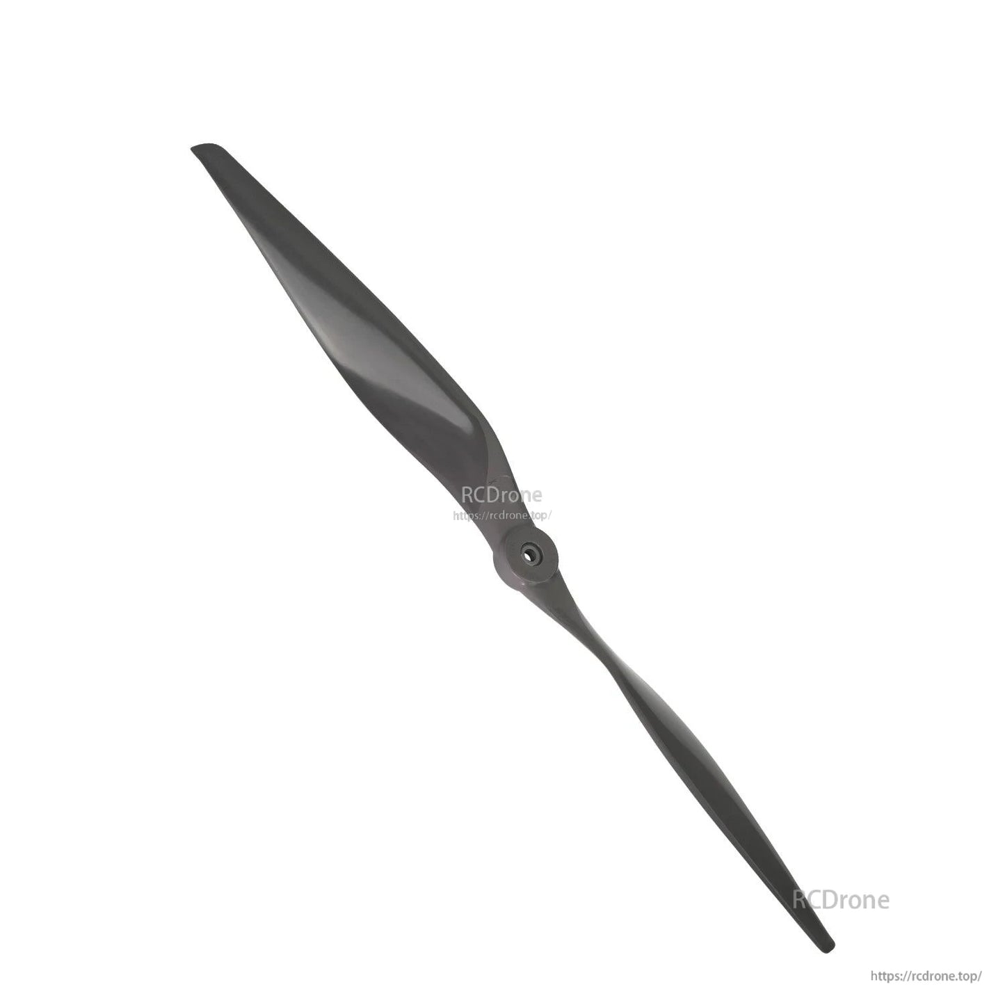 Diagonal view of two-blade RC airplane propeller highlighting blade sweep and hub