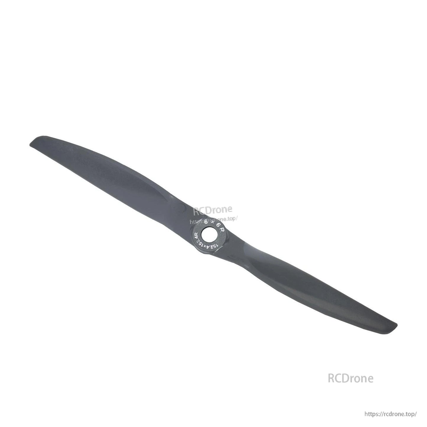 Diagonal top view of gray two-blade propeller with printed hub markings