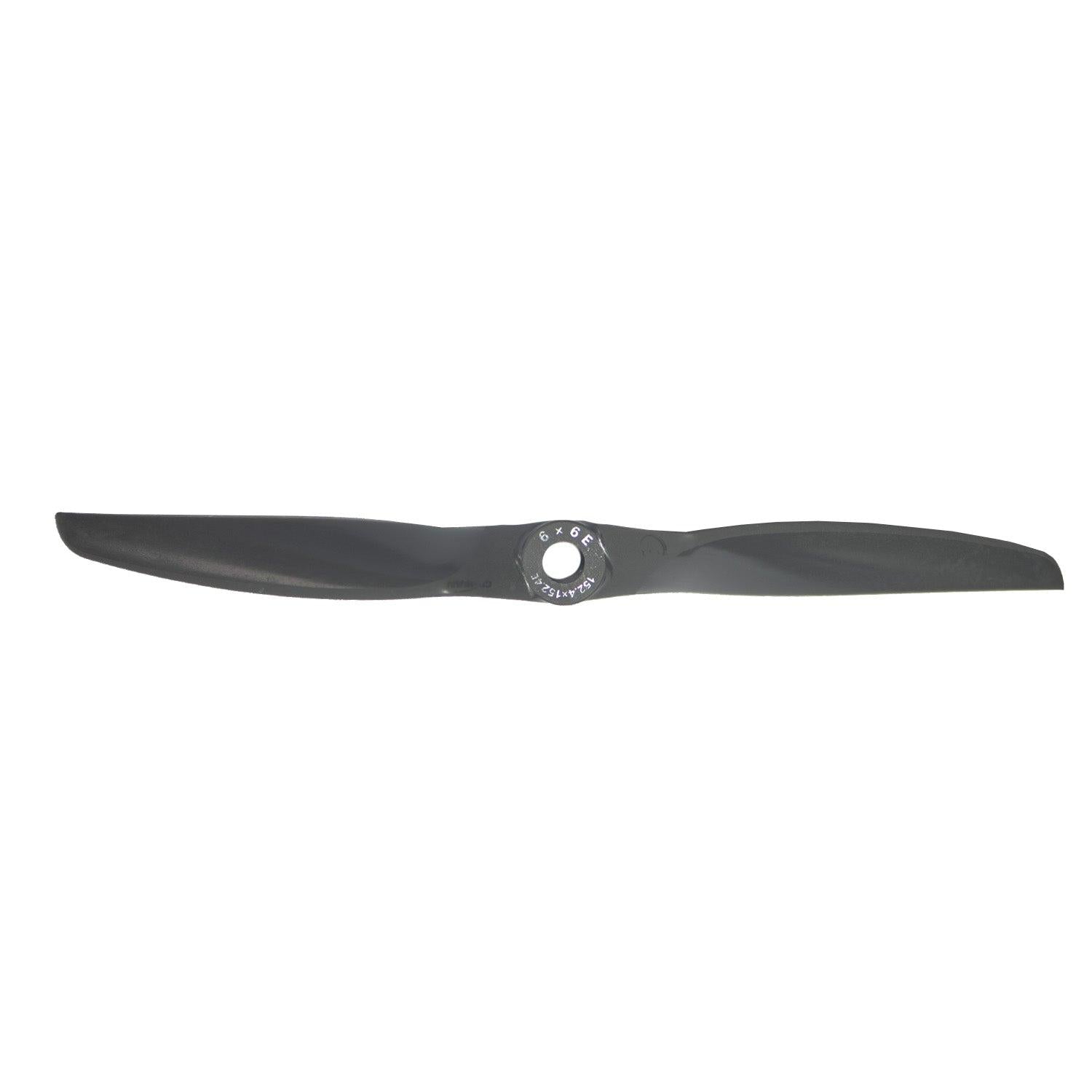 Two-blade propeller front view with 6x6 marking on hub, gray finish